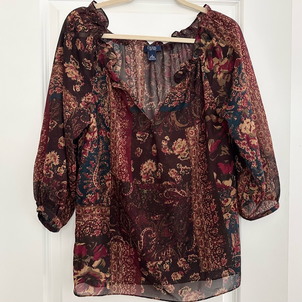 Ralph Lauren Chaps Paisley & Floral Patchwork Sheer 3/4 Sleeve Fall Blouse